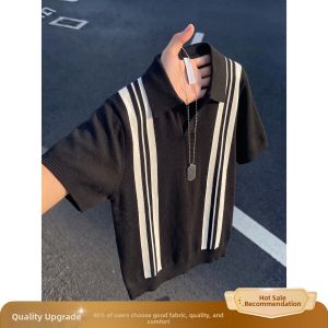 OUMULONG | Contrast Stripe Polo Shirt Men Summer Breathable Collar O-Henry Style