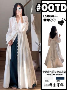 French V-neck Long Lace Hollow out Lantern Sleeve Dress Casual Shirt Dress Waist-cinching Spring 2025 New Style Commute