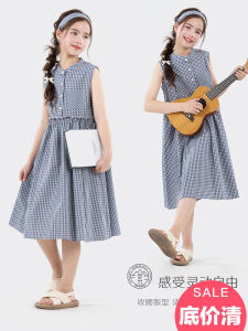 Princess Style Cotton Summer Dress for Girls Big Kids School Style Midi Skirt Breathable Cool Feeling No Sleeve Gingham Pattern