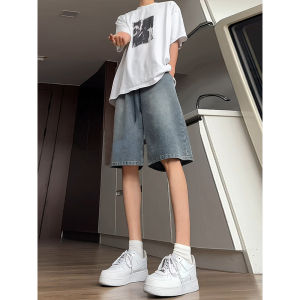 Blue Star Pattern Jeans Shorts Mens Summer Thin Washed American Retro Five-Point Trendy Workwear Mid-Length Straight Leg Jeans