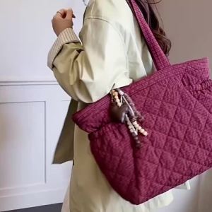 2026 Autumn Winter New Korean Ins Style Quilted Padded Tote Bag Ladies Casual Commuter Shoulder Underarm Handbag Grid Stitching Cotton Bag for Daily Use