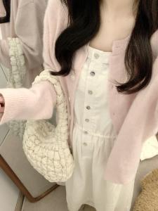 Pink Knitted Open Cardigan Womens Style Art Student Milk Series Trendy Top for Autumn Commute Loose Fit Long Sleeve round Neck