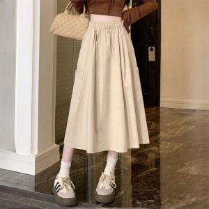 Elegant High Waist A-Line Skirt Workwear Midi Skirt plus Size Drawstring Elastic Waist Slimming Summer Womens Skirt