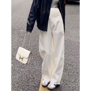 Maternity Jeans High Waist Thickened Fleece Wide Leg Pants Comfortable Stretchy Denim Trousers for Pregnant Women Autumn Winter Outfit