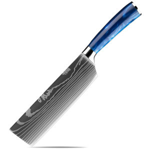 XITUO 1-6PCS Kitchen Knives Set 7Cr17Mov Stainless Steel Damascus Laser Pattern Blade Sharp Santoku Knife With Blue Resin Handle