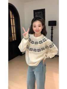 Áo Len Cổ Tròn Màu Đỏ Phong Cách Mỹ Cổ Điển Dành Cho Nữ Mùa Xuân Thu Mới Rộng Rãi Thoải Mái Họa Tiết Fair Isle