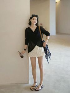 VKSOD | Elegant Fashionable Black Long Sleeve UV Protection Womens T-Shirt High Waist Slimming White Mini Skirt Two-Piece Set Summer