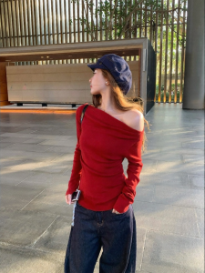 Elegant Off-shoulder Knit Top For Women Red Long Sleeve Slim Fit