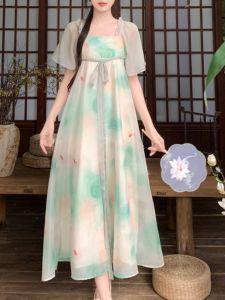 New Chinese Style Maxi Dress Floral Print Belted Womens Summer plus Size Gentle Vintage Skirt Long Dress Xiezi Fiber Chiffon