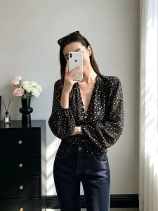 ZHILU | French Style Polka Dot V-neck Long Sleeve Blouse Thin Sun-protection