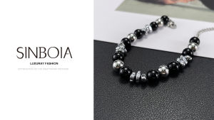 Sinboia Fashion Stainless Steel Black Agate Bead Bracelet for Women