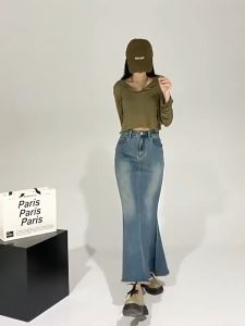 S-7XL Plus Size 25-40 Korean Women Fashion High Waist Fishtail Denim Skirt Elegant Versatile A Line Long Skirt Mid Length Skirts