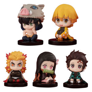 Bandai | 5 Style/Set Q Version Demon Slayer Sitting Ghost Doll Tanjiro Nidouzi Inosuke Zenizu Figure Action Figure Movie Model Toys Doll