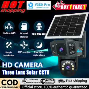 V380 Pro Three Lens Solar CCTV Camera With Solar Panel No WiFi Needed Outdoor Wireless Waterproof Surveillance Two-Way Audio Color Night Vision IP Security Camera