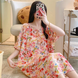 ชุดนอนผู้หญิง Pure Cotton Silk Sweet ยาวพิเศษ สวมใส่สบาย ในบ้าน ฤดูร้อน 2024 ชุดนอนผู้หญิงแขนสั้นลายดอกไม้