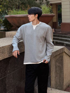 เสื้อยืดคอกลมแขนยาวสำหรับผู้ชาย สีเทาอ่อน ทรงหลวม ทรงวินเทจ สไตล์อเมริกัน ฤดูใบไม้ร่วง ผ้าฝ้าย ระบายอากาศได้ดี ปกติ