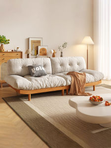 Japanese-Style Minimalist Solid Wood Cloud Sofa Living Room Small Apartment Accessible Luxury Log Style Three-Seat Cats Paw Flannel Art Sofa