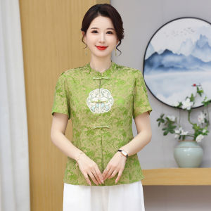 New Chinese Style Short Sleeve Shirt for Middle-Aged And Elderly Women Large Size Retro Button T-Shirt Tang Costume Top