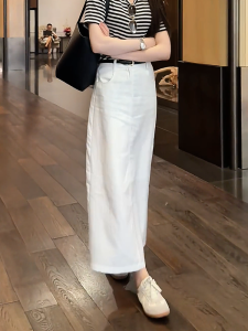 American Style High Waist White Straight Leg Split Half Skirt Womens Summer New Slimming Casual Mid-Length Skirt