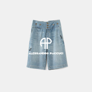 Button Placket Cotton Embroidered Vintage Blue Denim Shorts