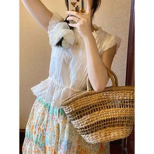 Bộ Đồ Hai Mảnh Trắng Họa Tiết Hoa Kiểu Pháp Thời Trang Mùa Hè Cho Nữ Áo Sơ Mi Và Chân Váy Ngắn Tay Ngắn Cổ Tròn