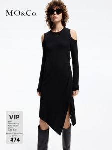 MO&Co. | Metal Logo Off-Shoulder Asymmetric Slit Knit Dress