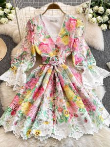 Elegant Lace V-neck Buttoned Waist Cinched Floral Print Dress Women Slimming Ladylike A-line Skirt Korean Style Commute