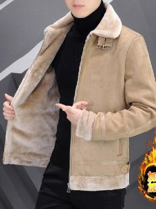 Mens Winter Jacket Thickened Cotton Padded Fur Integrated Fashionable Outerwear Youth Popular Long Sleeve Zipper Closure Loose Fit