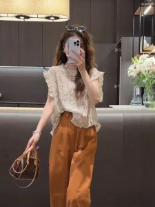 เสื้อเชิ้ตแขนกุดลายดอกไม้สไตล์ฝรั่งเศสสำหรับผู้หญิงในช่วงฤดูร้อนปี 2024 เสื้อเชิ้ตแขนกุดแบบมีขอบลูกไม้สไตล์เกาหลี