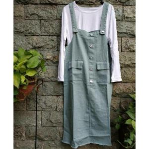 Fashion Wanita Setelan Overal Dress Mini Jeans Wash Import Kaos Lengan Panjang Putih Desilva