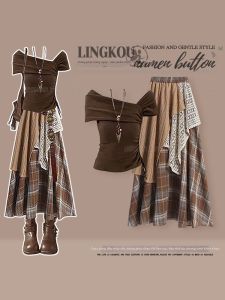 NUMEN BUTTON | Wasteland Style Retro Slim Fit Off Shoulder Short Sleeve Set
