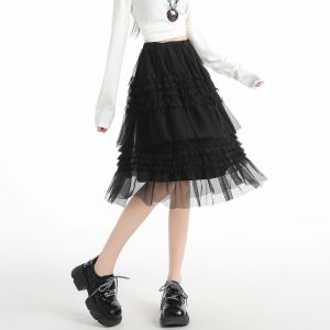 Puella | Spring New Style Korean Fashion Wooden Ear Stitched Flared Tulle Midi Skirt