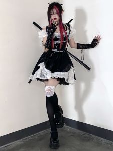 Princess Style High Waist A-Line Dress Dark Angel Girl Short Sleeve V-Neck Polyester Lace Bubble Sleeve Patchwork Skirt