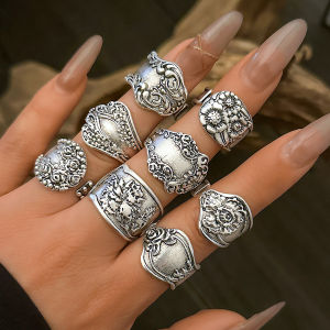 Ingemark | Ingemark 8Pcs Vintage Silver Color Adjustable Open Rings for Women Goth Carved Flower Metal Rings Engagement Wed Jewelry Gift