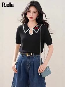 puella | Summer Korean Style Vintage Cherry Embroidery Peter Pan Collar Short Sleeve Knit Top