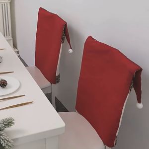 Christmas Chair Cover Red Santa Claus Hat Design Merry Christmas Non-Woven Fabric Plush Cartoon Chair Back Cover Christmas Snowman Dining Chair Dust-Proof Home Party Christmas Hat Decoration