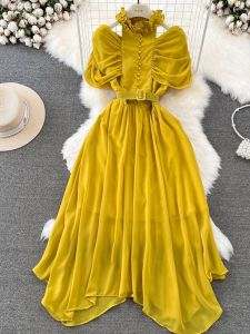 Elegant A-Line Chiffon Dress with Stand Collar Shoulder Bared Pleated Waist Slimming Long Skirt for Women in Their 20s