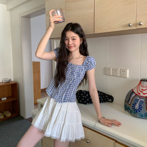 Blue Checkered French Puff Sleeve Shirt