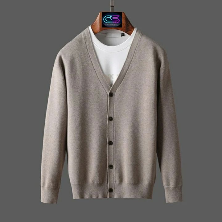 Sweater Cardigan Pria Casual Simple V-Neck Lengan Panjang Cotton