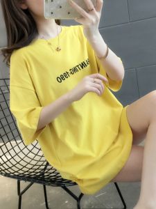 ชุดเดรสยาวปานกลางผู้หญิง ทรงหลวม แขนสั้น ปิดท้อง ชุดทำงานสไตล์วันหยุด กระโปรงทรงเอ ฤดูร้อน ผ้าฝ้าย คอกลม