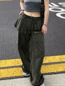 Retro Large Size สไตล์อเมริกัน ขาดๆ ยับๆ ลำลอง High เอว Skater กางเกงยีนส์ Women หลวม Drapey กางเกงขายาว สองชิ้นปลอม