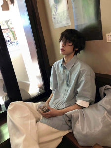 Light Blue Pleated Short Sleeve Shirt Summer Youth Style Sun Protection Outerwear CleanFit Shirt Loose Fit Shoulder Sleeve