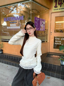 Korean Style Womens Thickened Lace Splice T-shirt Half High Collar Short Sleeve Long Sleeve round Neck Standard Fit Pure Color
