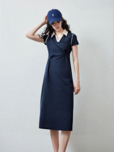 Toyouth | Polo Neck Pleated Color Block Piqué Dress