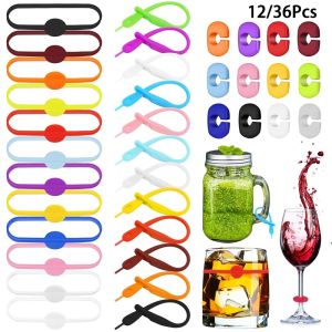 12/36Pcs Reusable Silicone Wine Glass Charms Drink Marker Bands Bottle Strip Tag Glass Identifiers for Party Cocktail Champagne