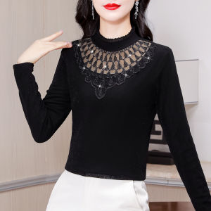 เสื้อเชิ้ตคอปกสูงแบบยาวแขนยาวผ้าตาข่ายลูกไม้สำหรับผู้หญิง เสื้อชั้นในฤดูใบไม้ร่วง/ฤดูหนาว อบอุ่น ดีไซน์เก๋ไก๋ สวมใส่สบาย