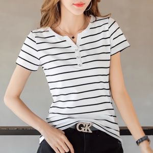 Elegant French Style Slim Fit Cotton Striped Short Sleeve T-Shirt