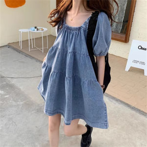 Large Size Womens Jeans Dress with Bubble Sleeves and Strapback Design Slimming Effect for Summer Plus Size Girls