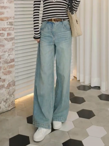 MANMI | Quần Jean Thẳng Cao Waisted Màu Xanh Rửa Retro Mỹ