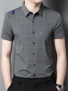 ROMON | Lormen Ice Silk Short Sleeve Shirt Mens Mid-Year Summer Business Casual Plaid Drapey Shirt Fashionable Standard Fit Breathable